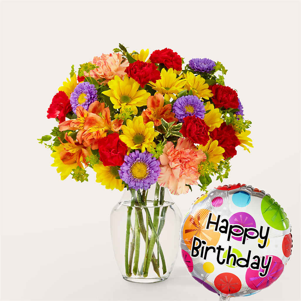 Kaleidoscope Bouquet with Birthday Balloon – Charming Petals, Dracut MA
