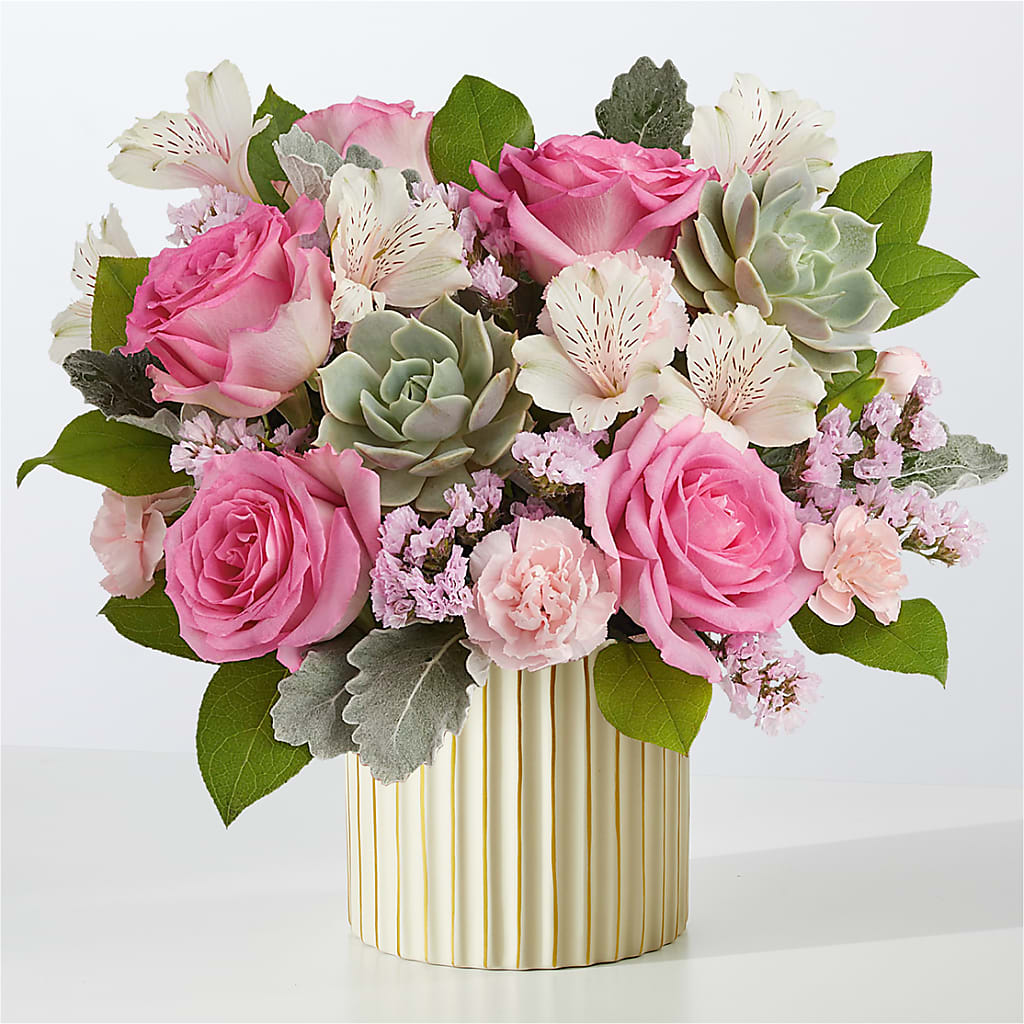Dusty Rose Bouquet with Ivory Vase – Charming Petals, Dracut MA