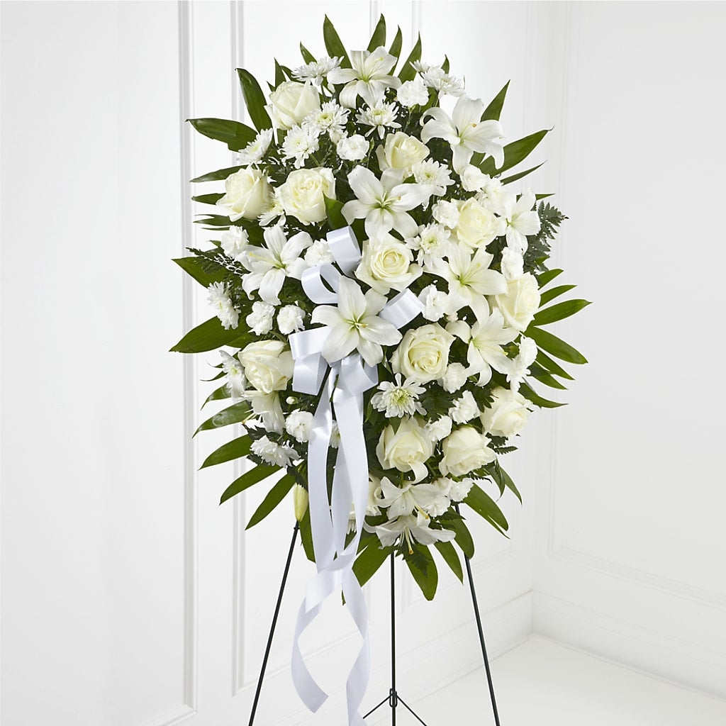 Exquisite Tribute Standing Spray-White Ribbon – Charming Petals, Dracut MA