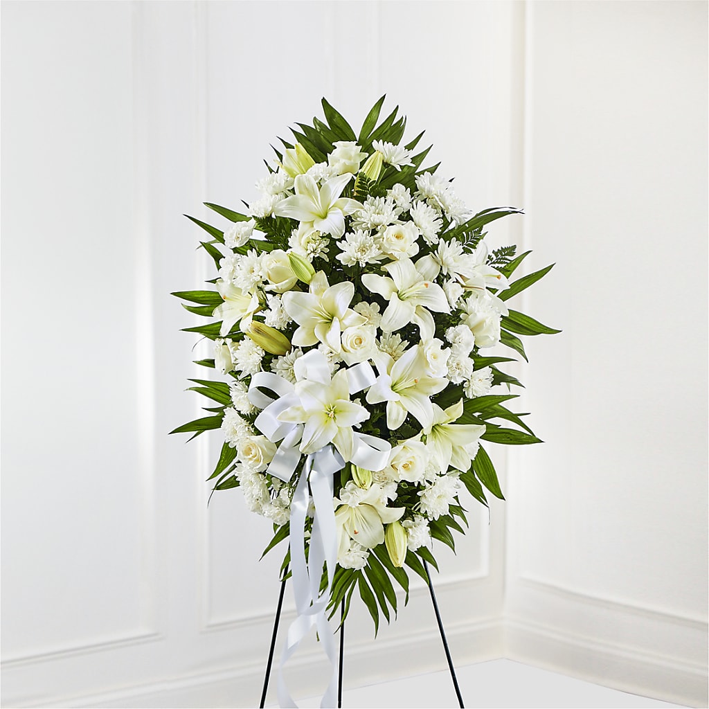 Exquisite Tribute Standing Spray-White Ribbon – Charming Petals, Dracut MA