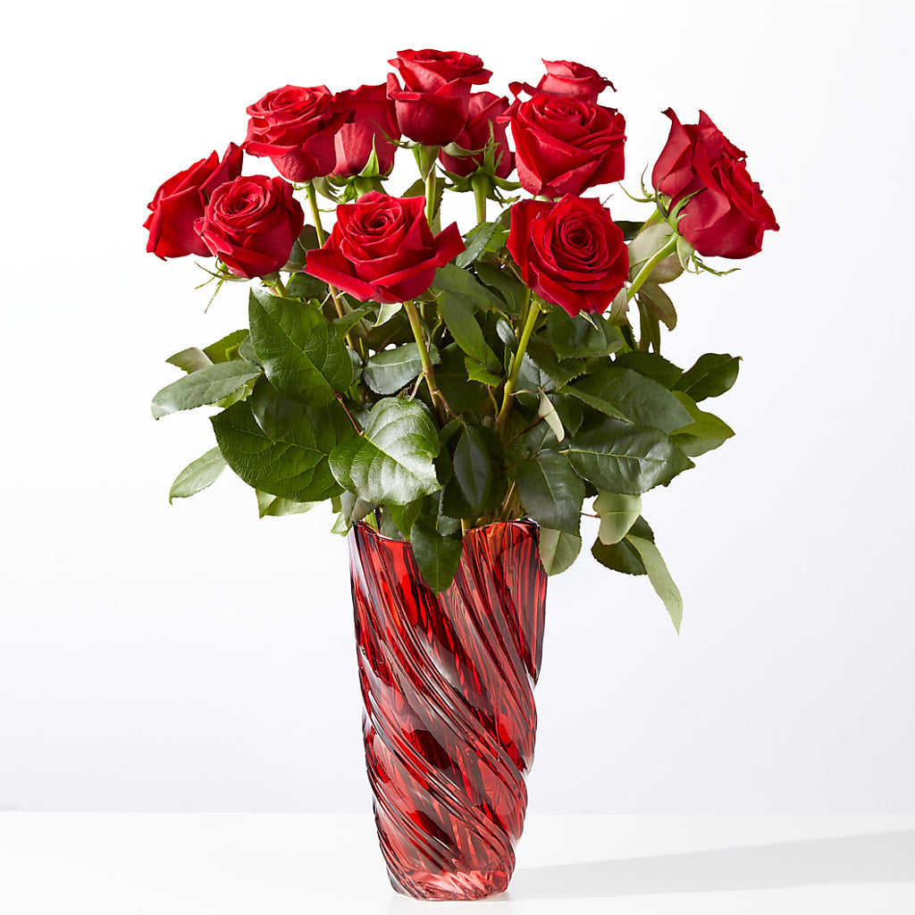 Classic Love Red Rose Bouquet with Luxe Swirl Vase – Charming Petals, Dracut MA