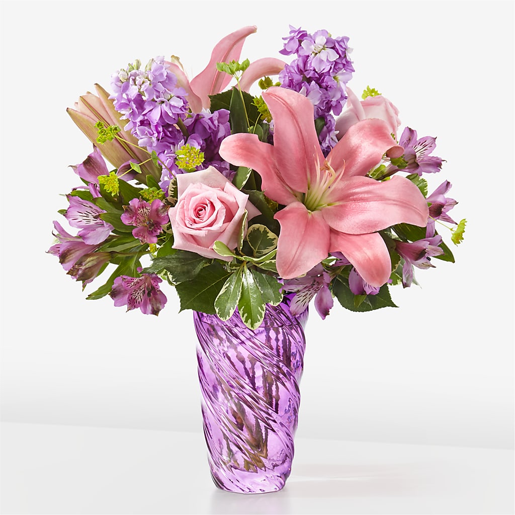 Precious Petals Bouquet with Luxe Swirl Vase – Charming Petals, Dracut MA