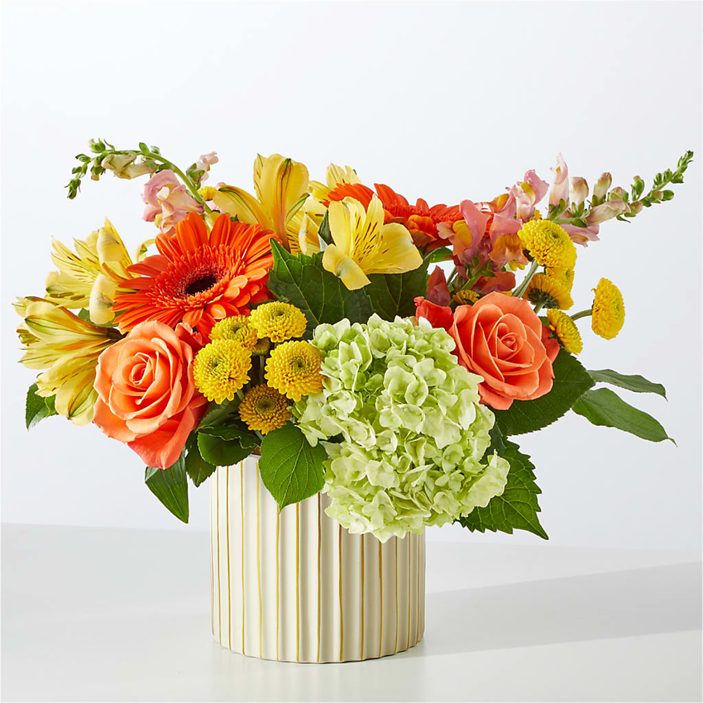 Autumn Sunshine Bouquet with Ivory Vase –  Charming Petals, Dracut MA