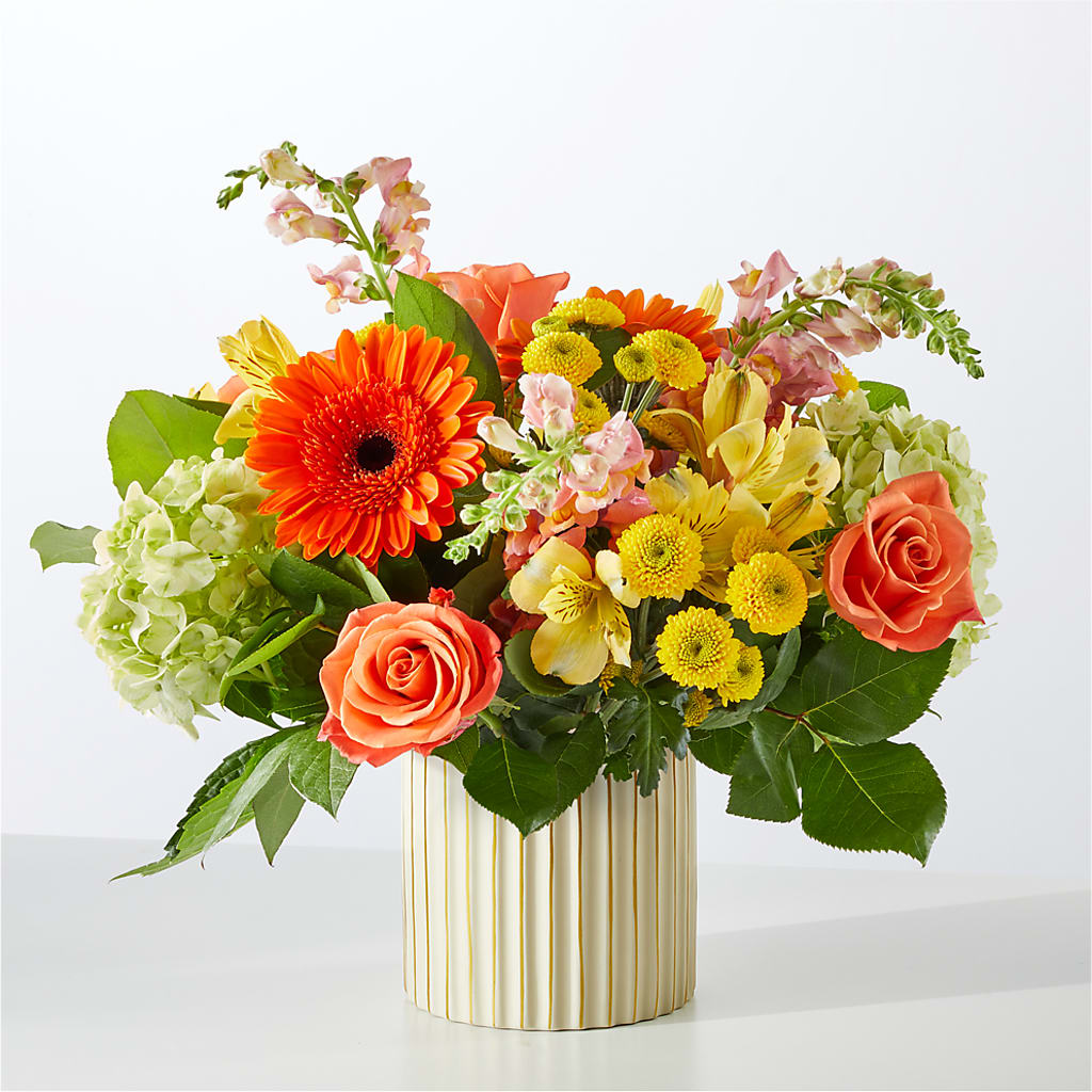 Autumn Sunshine Bouquet with Ivory Vase –  Charming Petals, Dracut MA