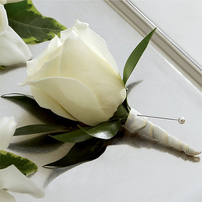 White Rose Boutonniere –  Charming Petals, Dracut MA