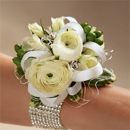 White Wedding Corsage –  Charming Petals, Dracut MA